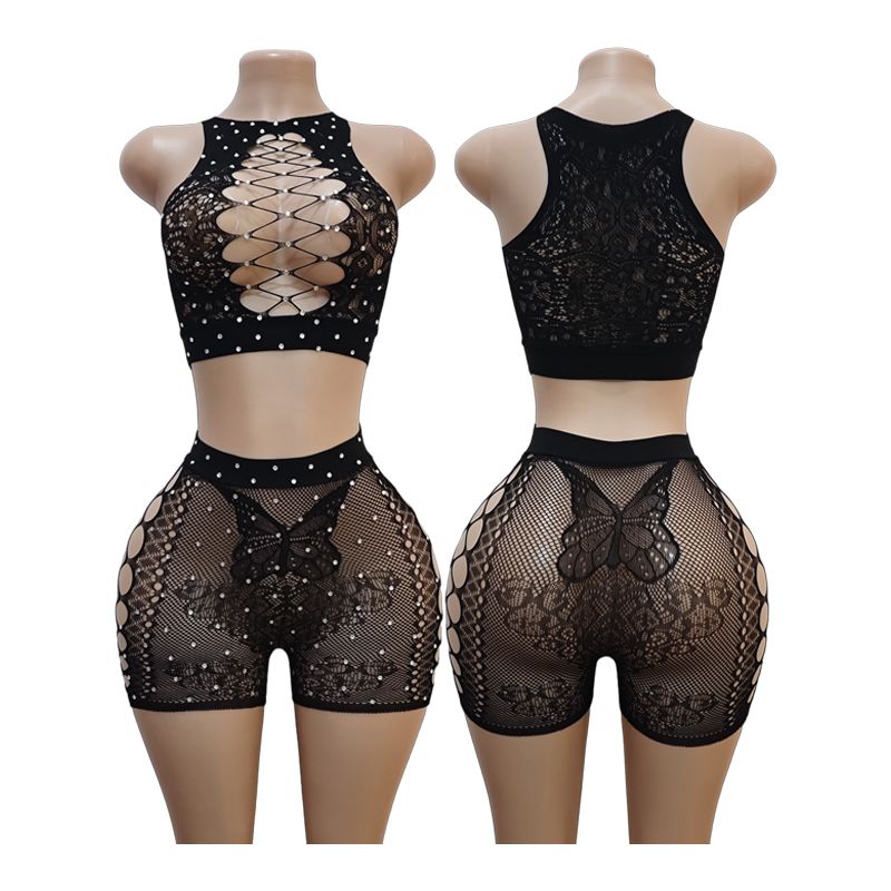 Set de Dos Piezas en Encaje y Malla con Diseño Cruzado