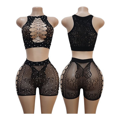 Set de Dos Piezas en Encaje y Malla con Diseño Cruzado