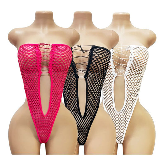 Body de malla con amarre frontal y corte profundo.