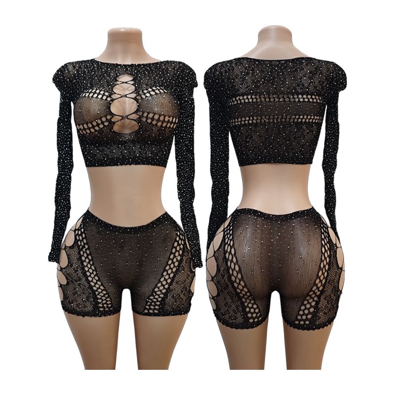 Set de dos piezas en malla con brillo, mangas largas