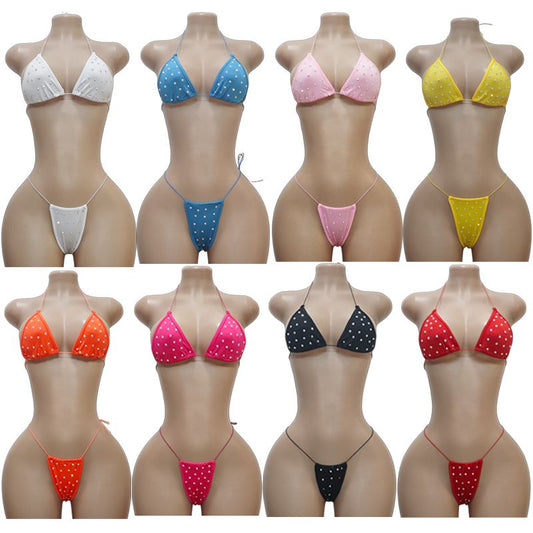 Set de bikini de dos piezas con pedrerÃ­a brillante, top triangular con amarre ajustable y panty Ideal para shows